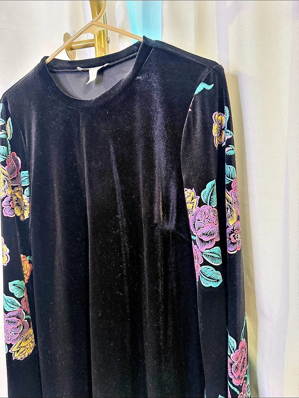 ASOS Velvet Floral Embroidered Sleeve Mini Dress Black Multicolor Size 12 - Picture 7 of 10